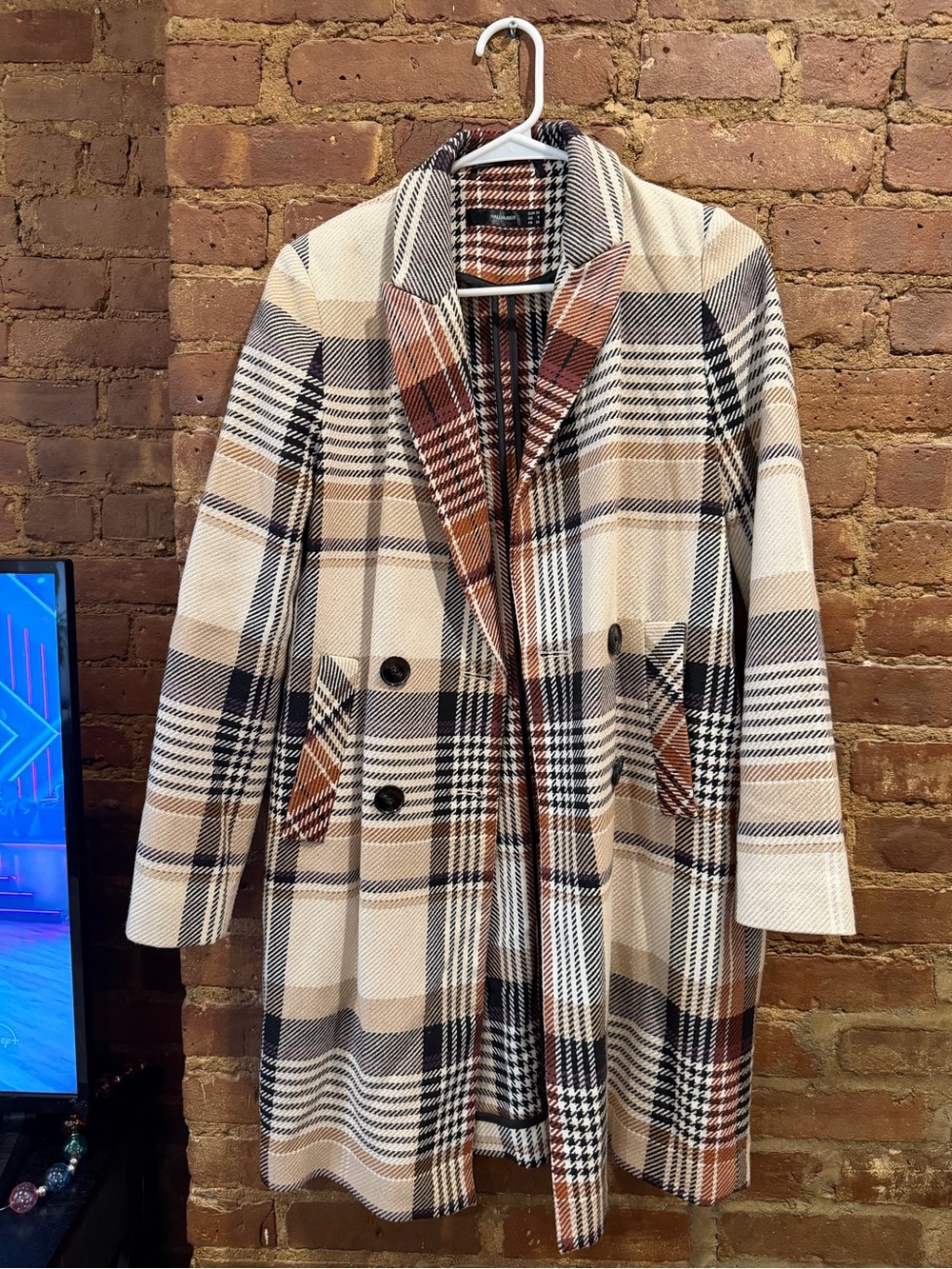 Plaid Double-Breasted Wool Blend Coat